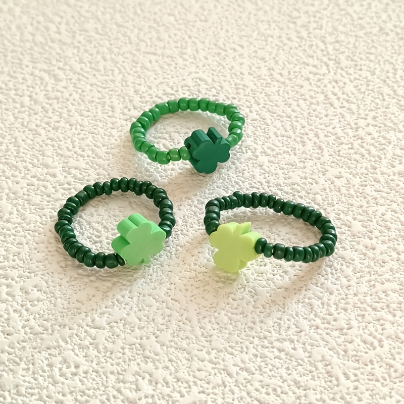 3pcs Green Clover Ring Set Adjustable Ring